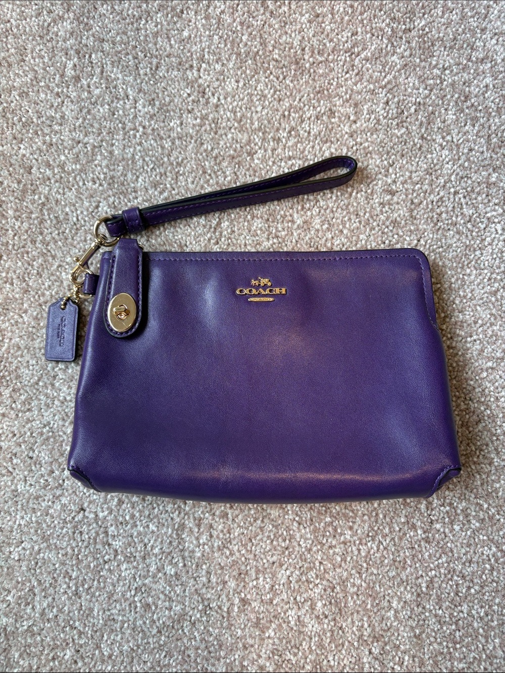 Coach Purple Leather Wristlet Clutch with Gold Hardware
